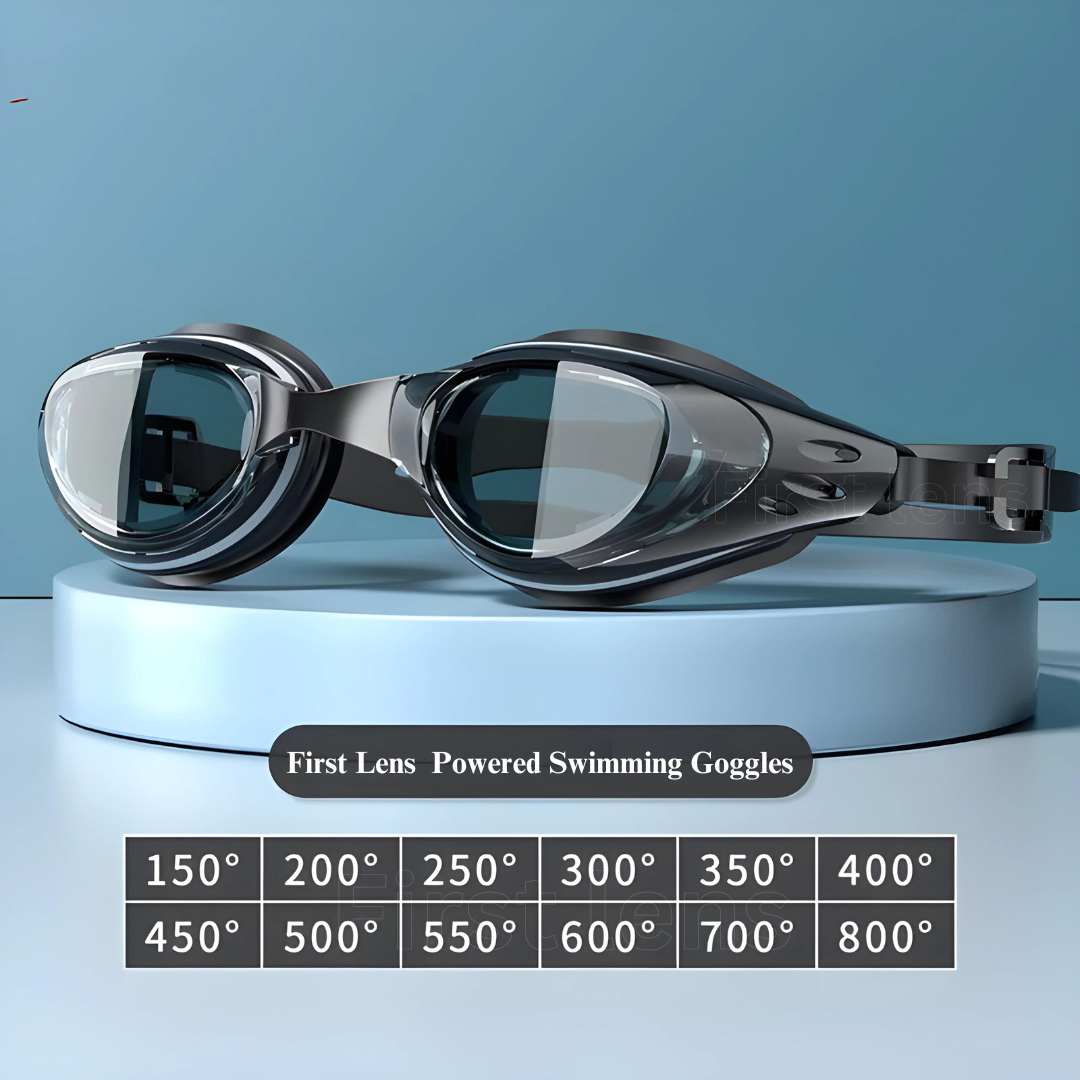 First Lens customized swimming goggles with UV protection and anti-fog feature.