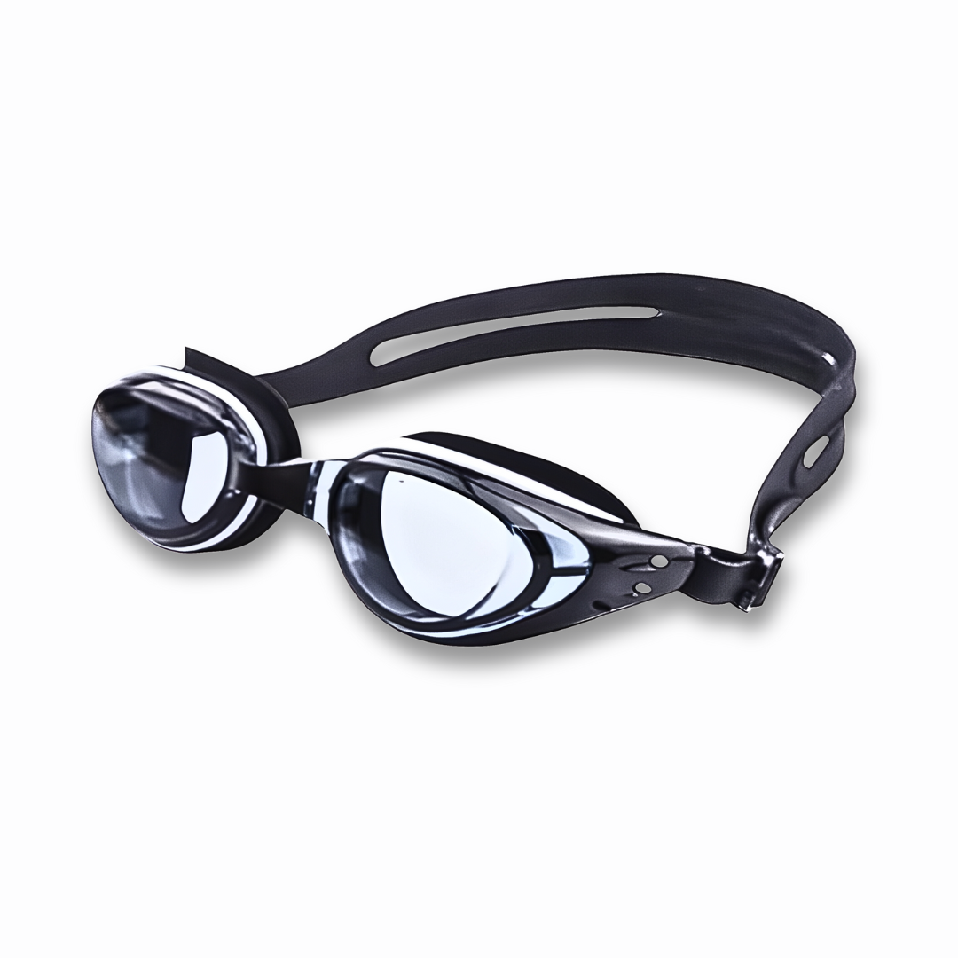 Powered swimming goggles with personalized diopter lenses for enhanced vision.