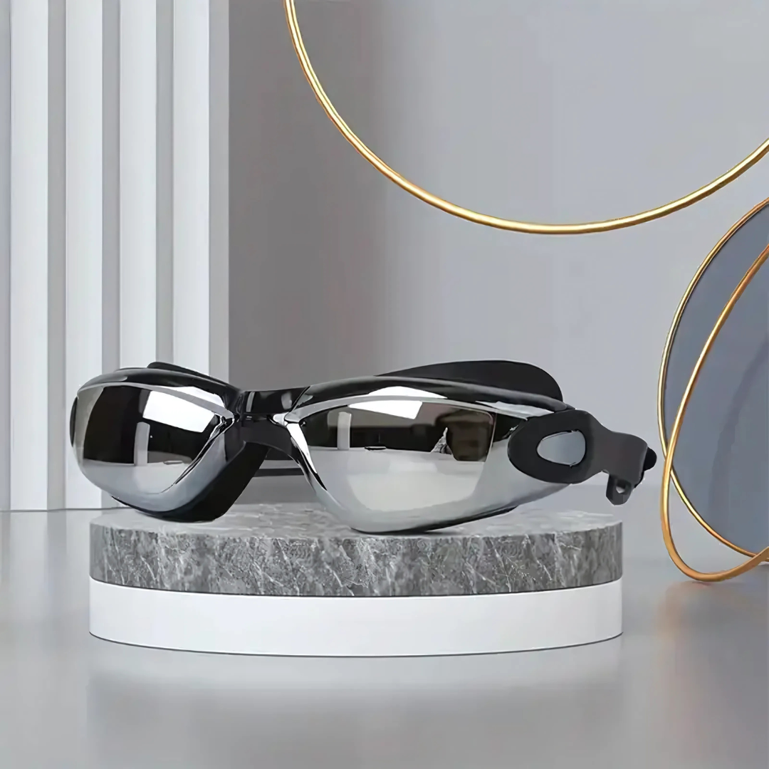 Side view of  swimming goggles with plano (zero power) clear lenses.