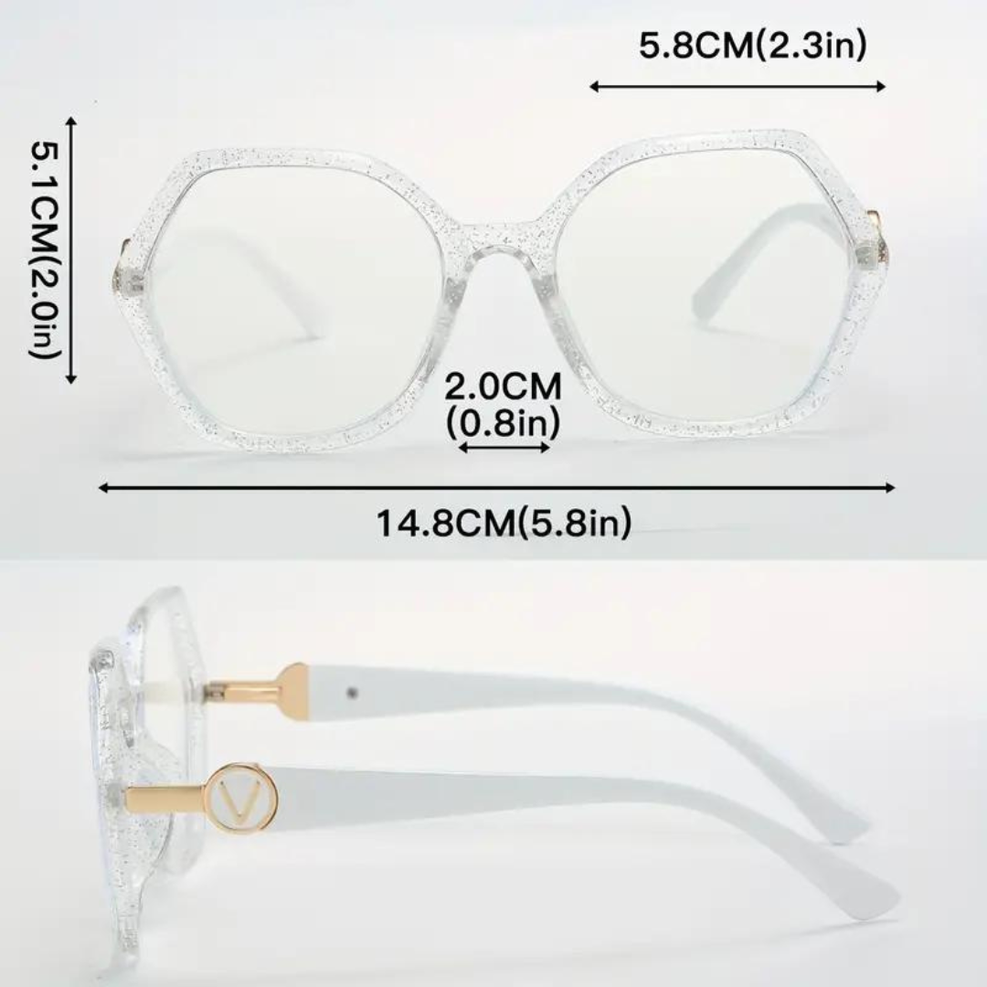 Clear-framed computer glasses designed with precision diamond cuts.