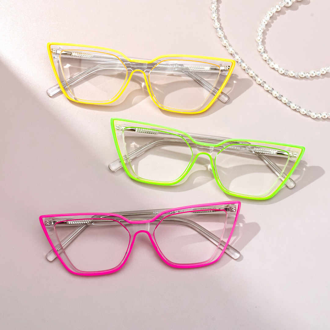 Top-down view of the sleek and sophisticated First Lens computer glasses in black with neon embellishments.