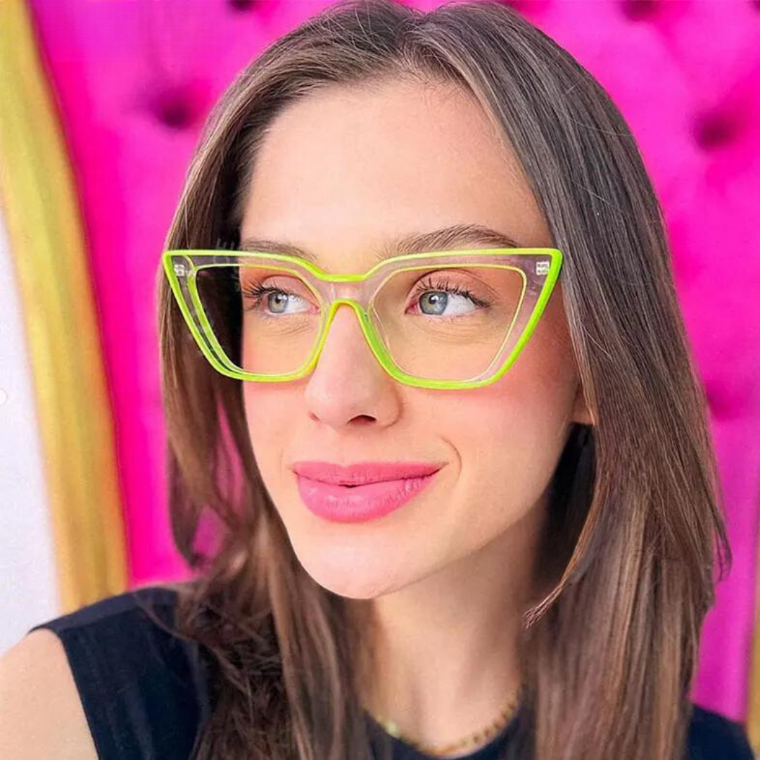 Neon green cat eye computer glasses with a sleek, modern design.