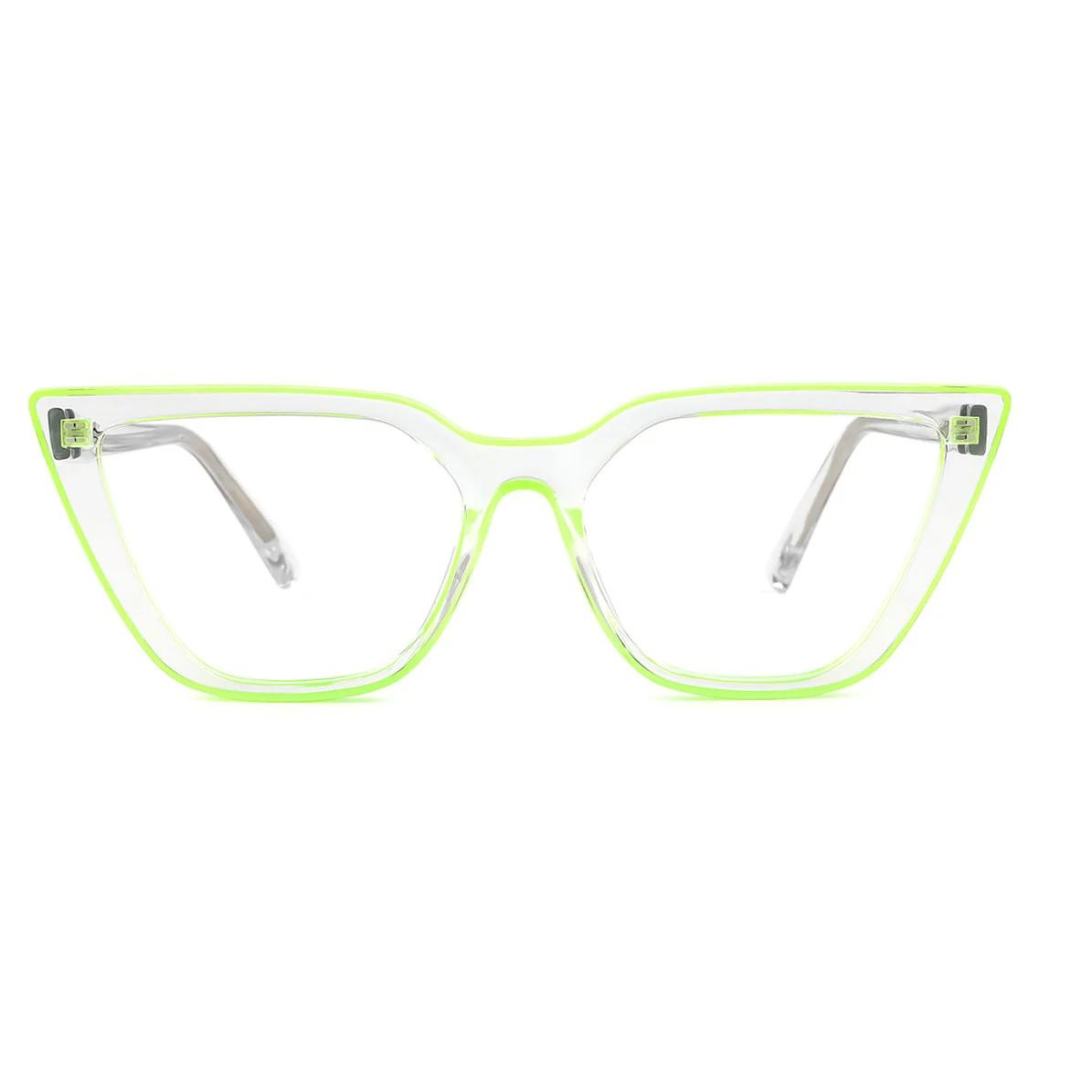 A close-up of the neon green frames of the cat eye computer glasses.