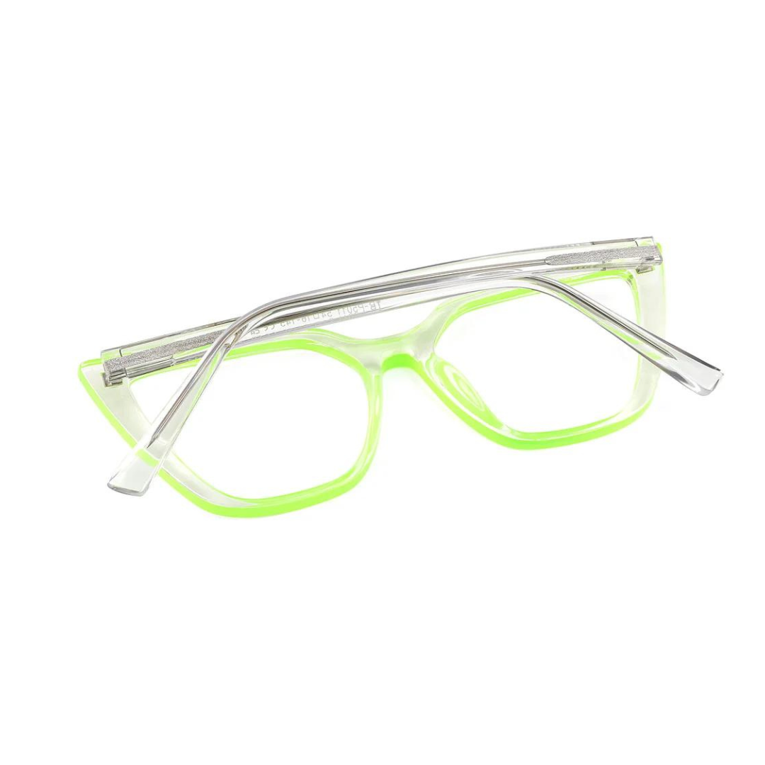 Front view of the stylish cat eye computer glasses with vibrant green frames.