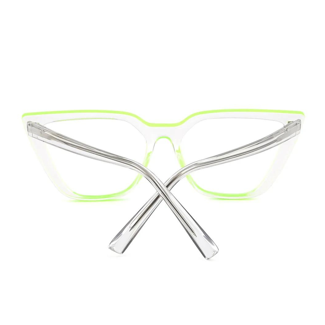 A person wearing neon green cat eye computer glasses, highlighting their trendy style.