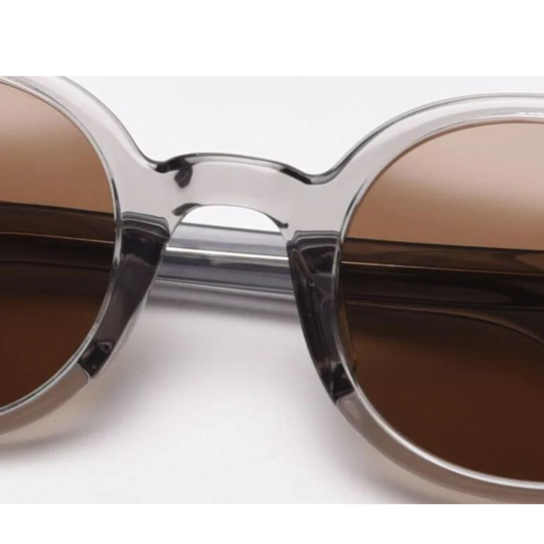 Close-Up of First Lens Retro Round Brown-Tinted Sunglasses Lenses