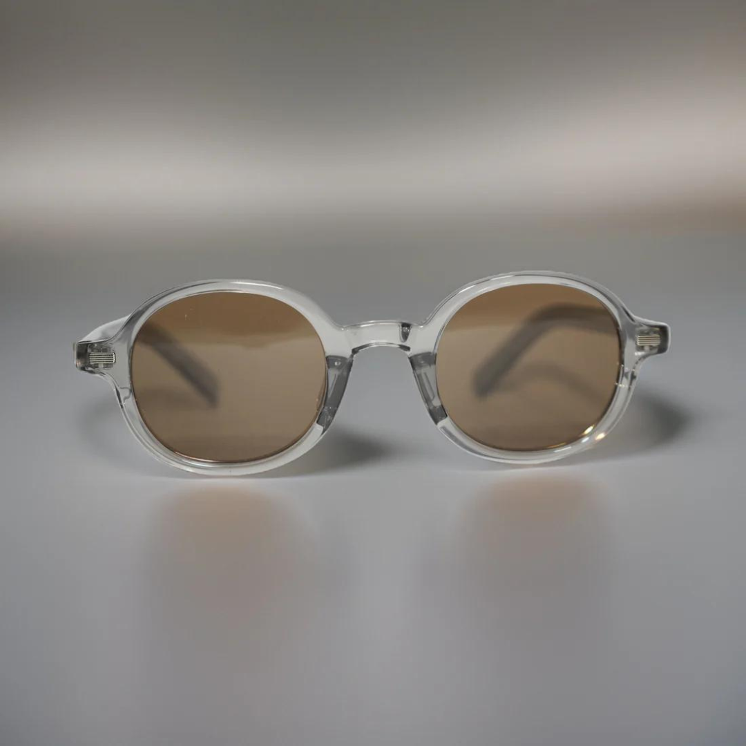 Side View of First Lens Retro Round Brown-Tinted Sunglasses with Transparent Arms