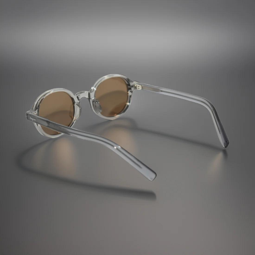 First Lens Retro Round Brown-Tinted Sunglasses on White Background