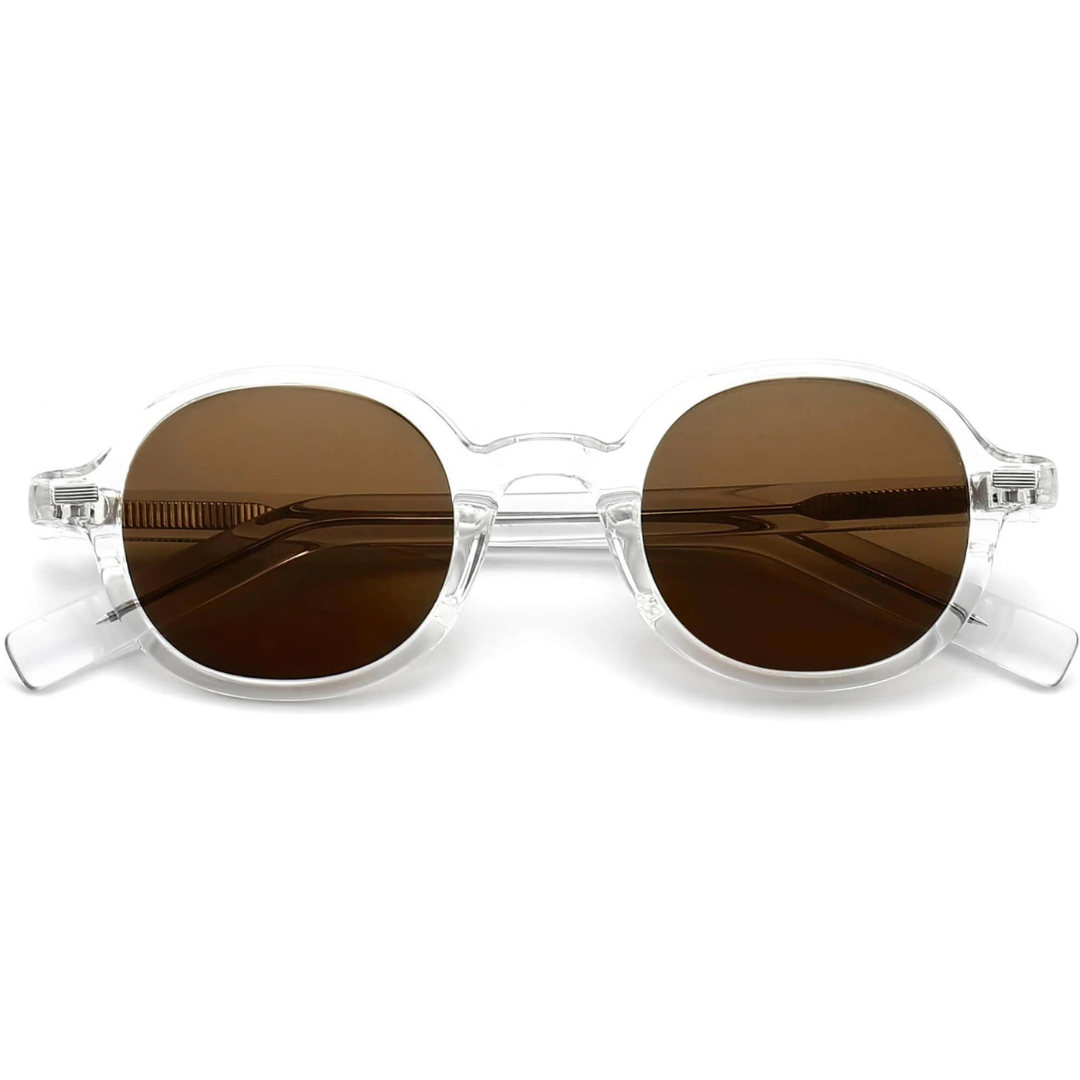 Front View of First Lens Retro Round Brown-Tinted Sunglasses Highlighting Lens Tint