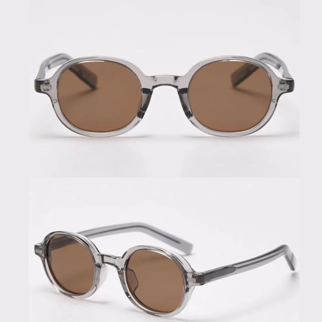 Detailed Image of First Lens Retro Round Brown-Tinted Sunglasses Frame Design