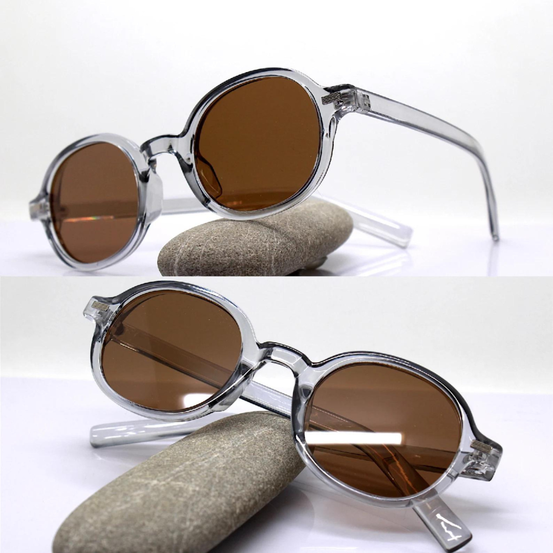 Angle View of First Lens Retro Round Brown-Tinted Sunglasses