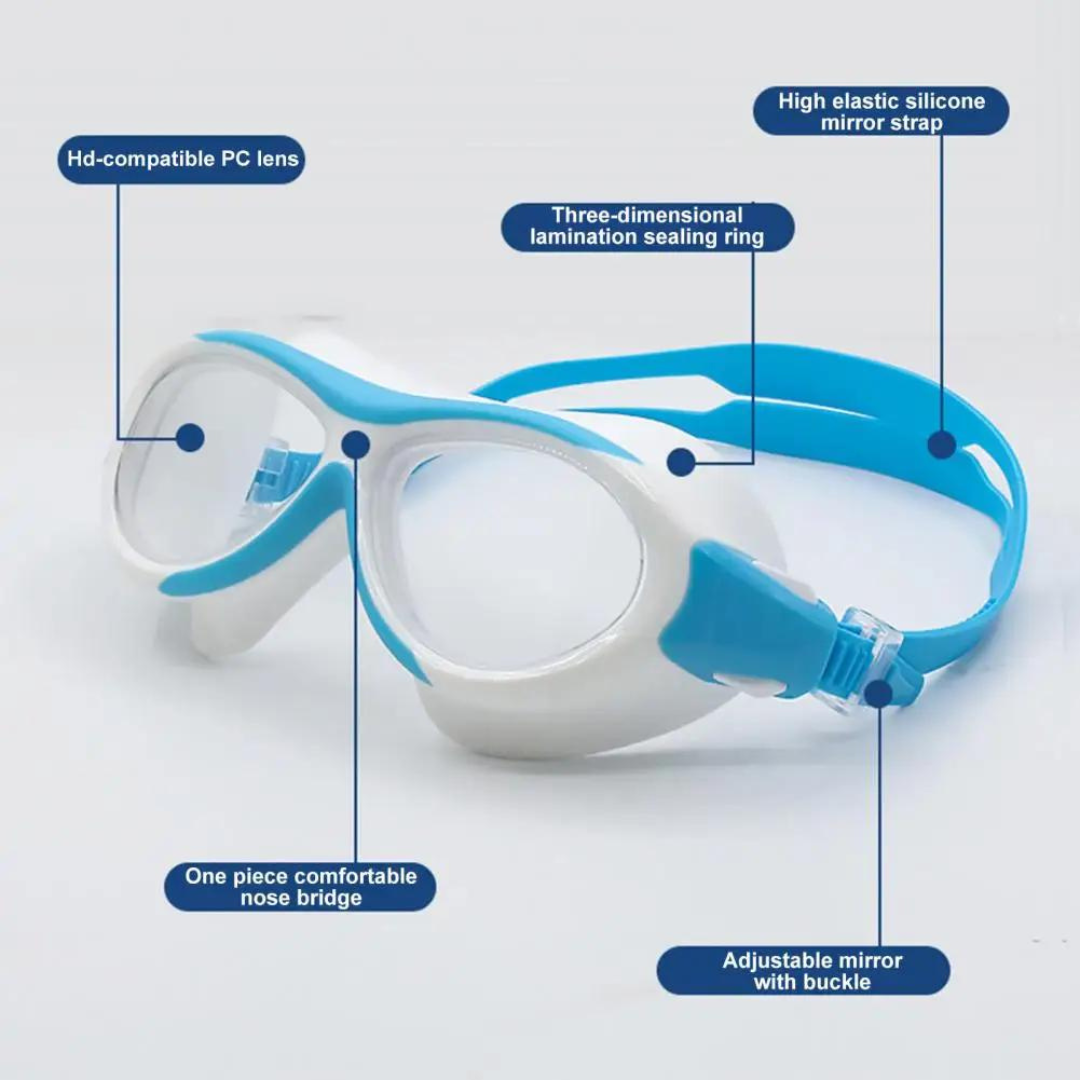 Close-up of First Lens Swimming Goggles for Kids - K005, highlighting the comfortable strap and adjustable nose bridge.