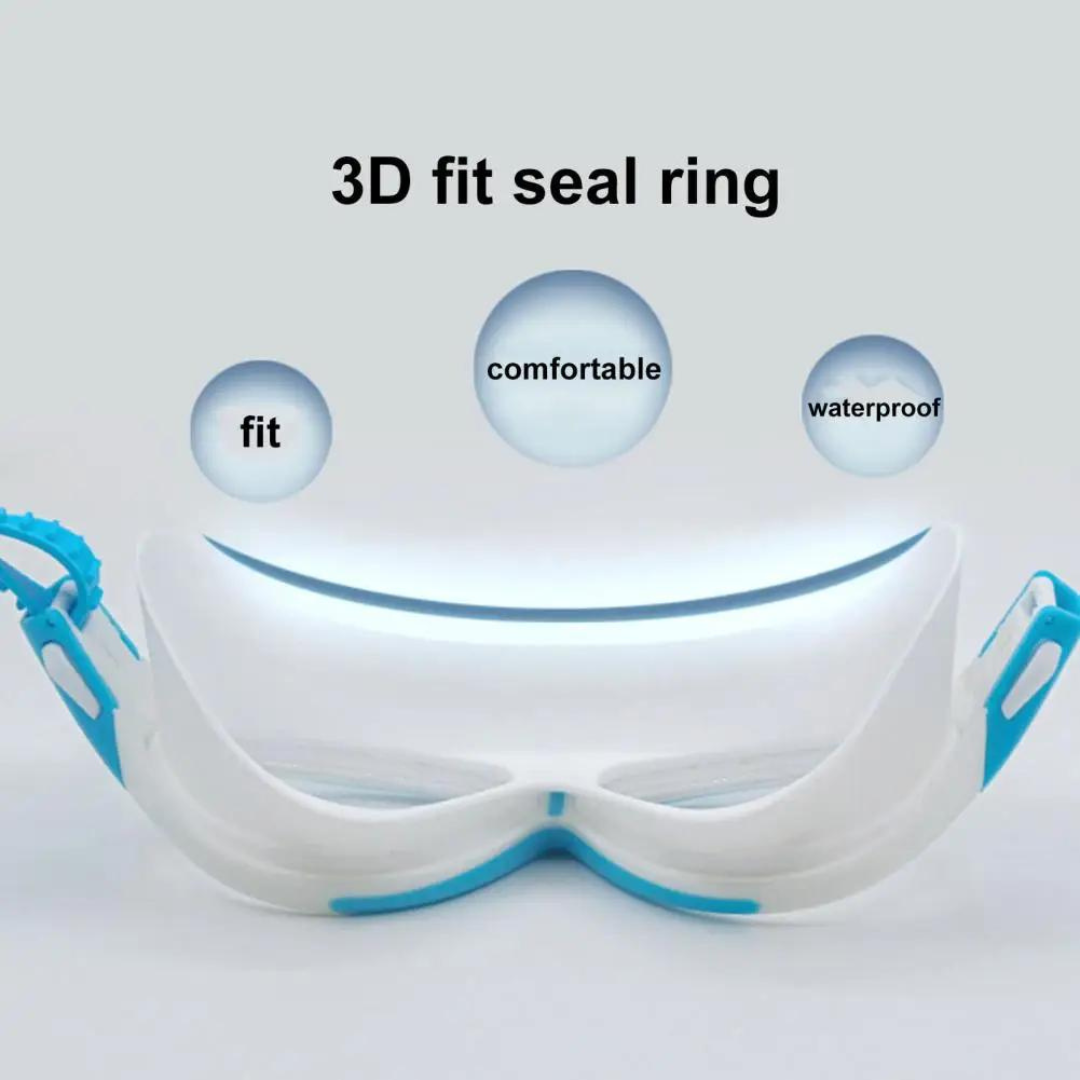 Packaging of First Lens Swimming Goggles for Kids - K005, with detailed product specifications and age range.