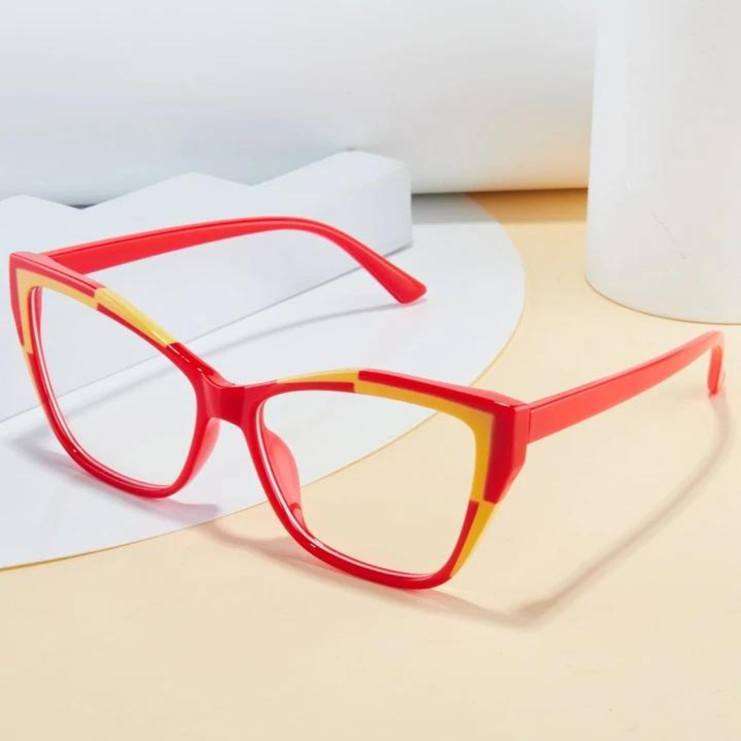 First Lens Vibrant Red Cat Eye Computer Glasses with yellow accents