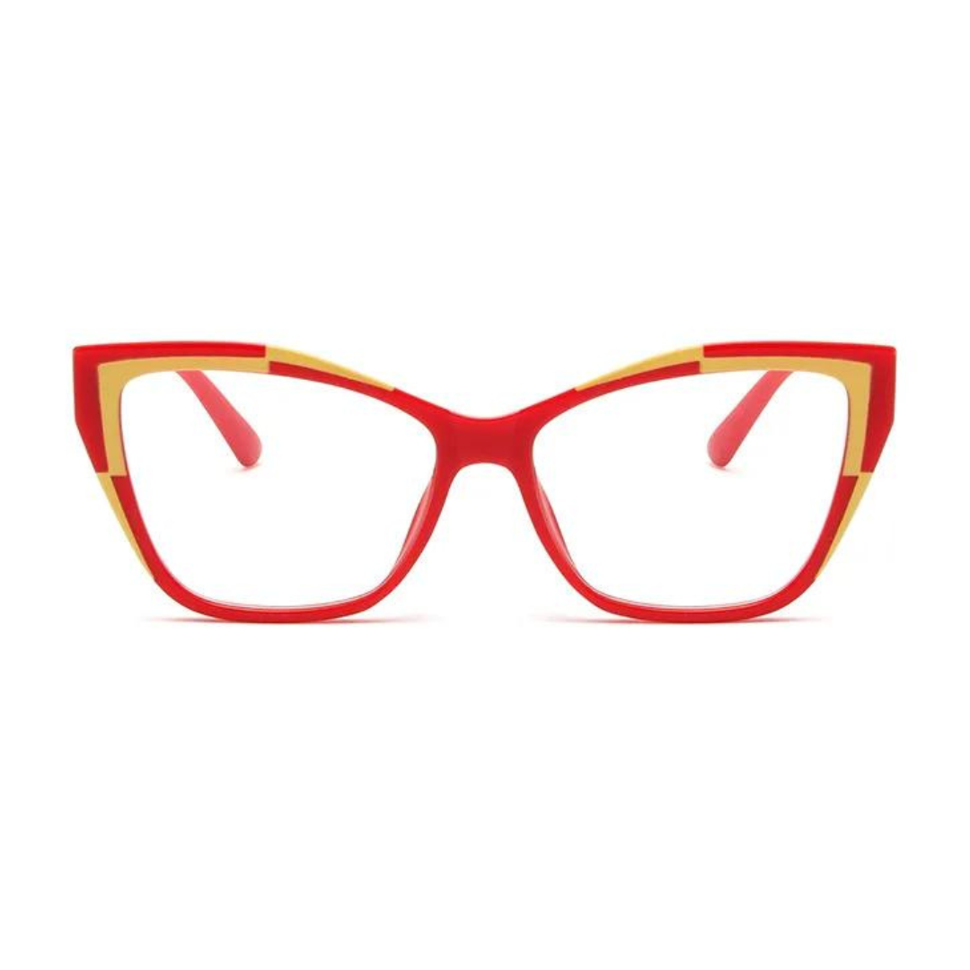 Side angle of First Lens Vibrant Red Cat Eye Computer Glasses showcasing the frame design