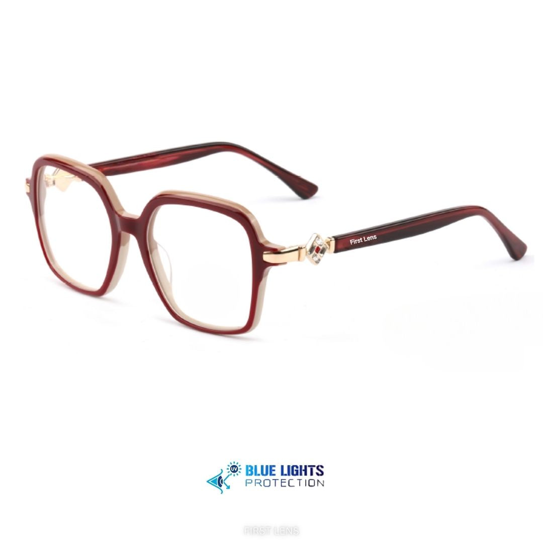 Stylish Onyxa eyewear with blue light protection and gold detailing by First Lens