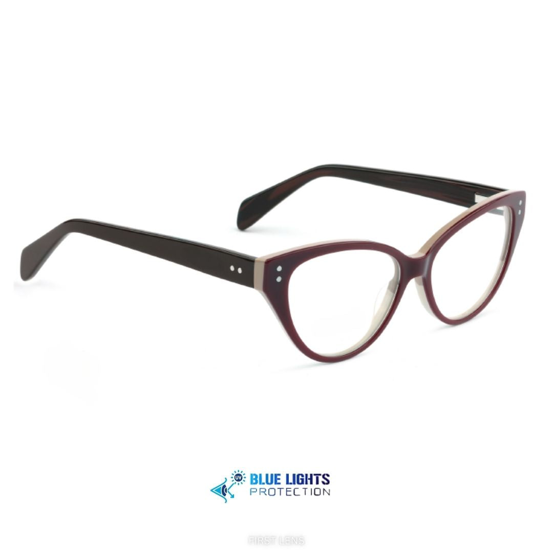 Stylish Ruby eyewear with red frame and blue light protection by First Lens