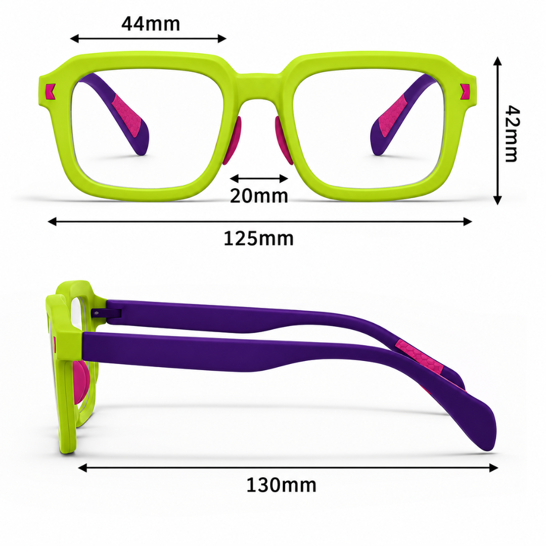 First Lens Dino Dash  Kids Blue Light Computer Glasses Lime Green & Lavender - B285