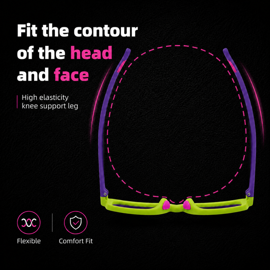 First Lens Dino Dash  Kids Blue Light Computer Glasses Lime Green & Lavender - B285