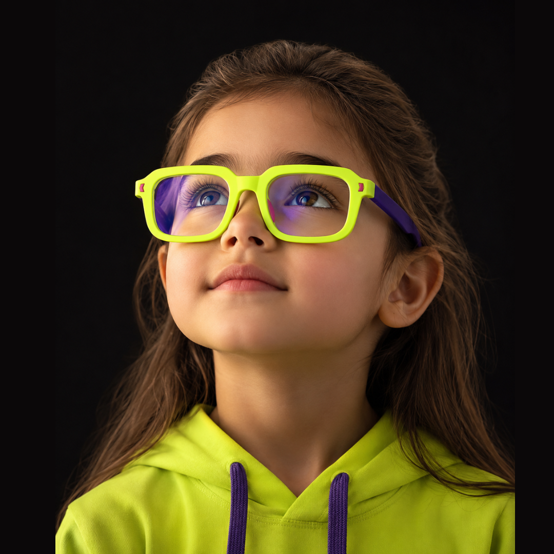First Lens Dino Dash  Kids Blue Light Computer Glasses Violet & Pink - B286