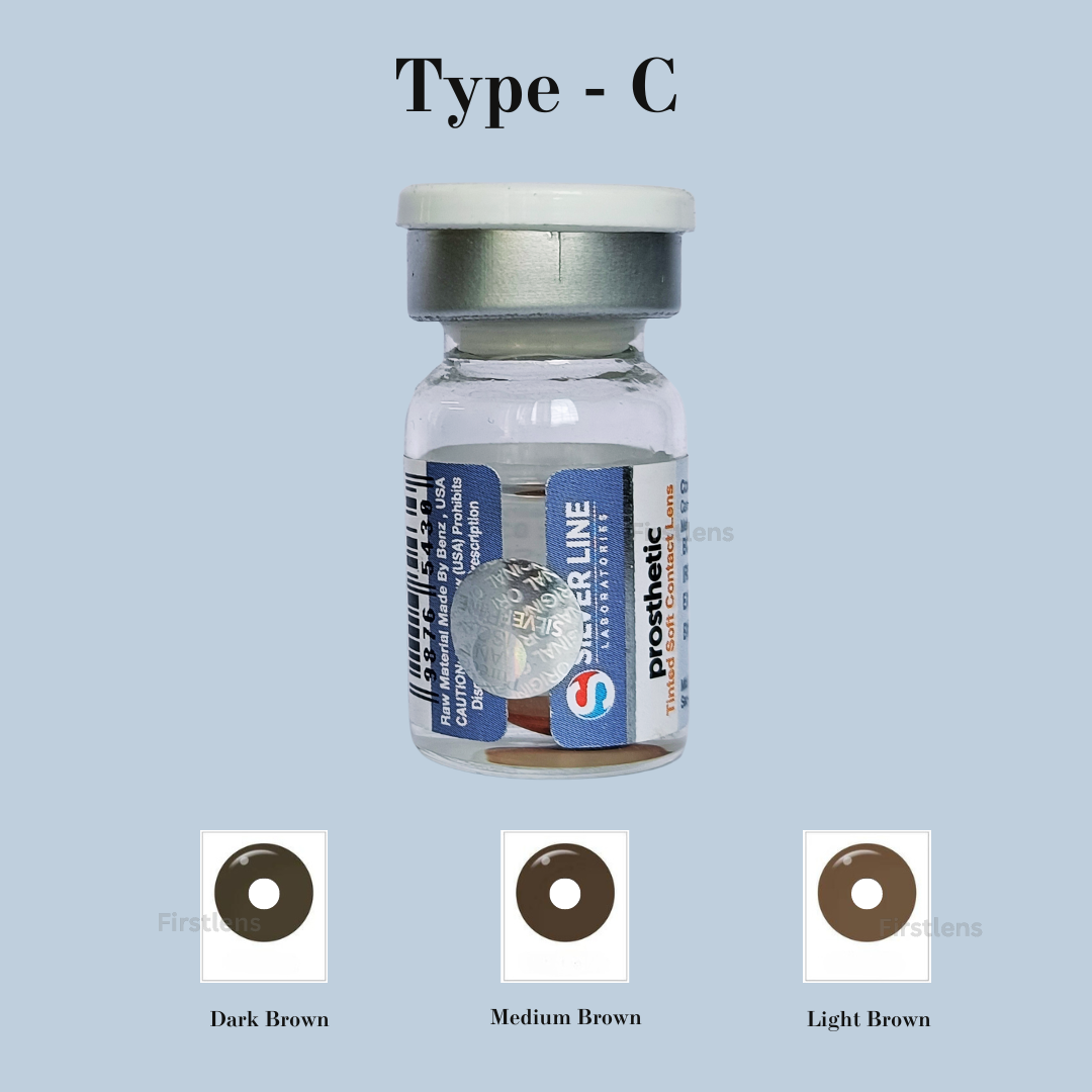 Close-up image of a Silverline Prosthetic C-Type contact lens, displaying its smooth surface and light blue tint designed to mimic natural eye color.