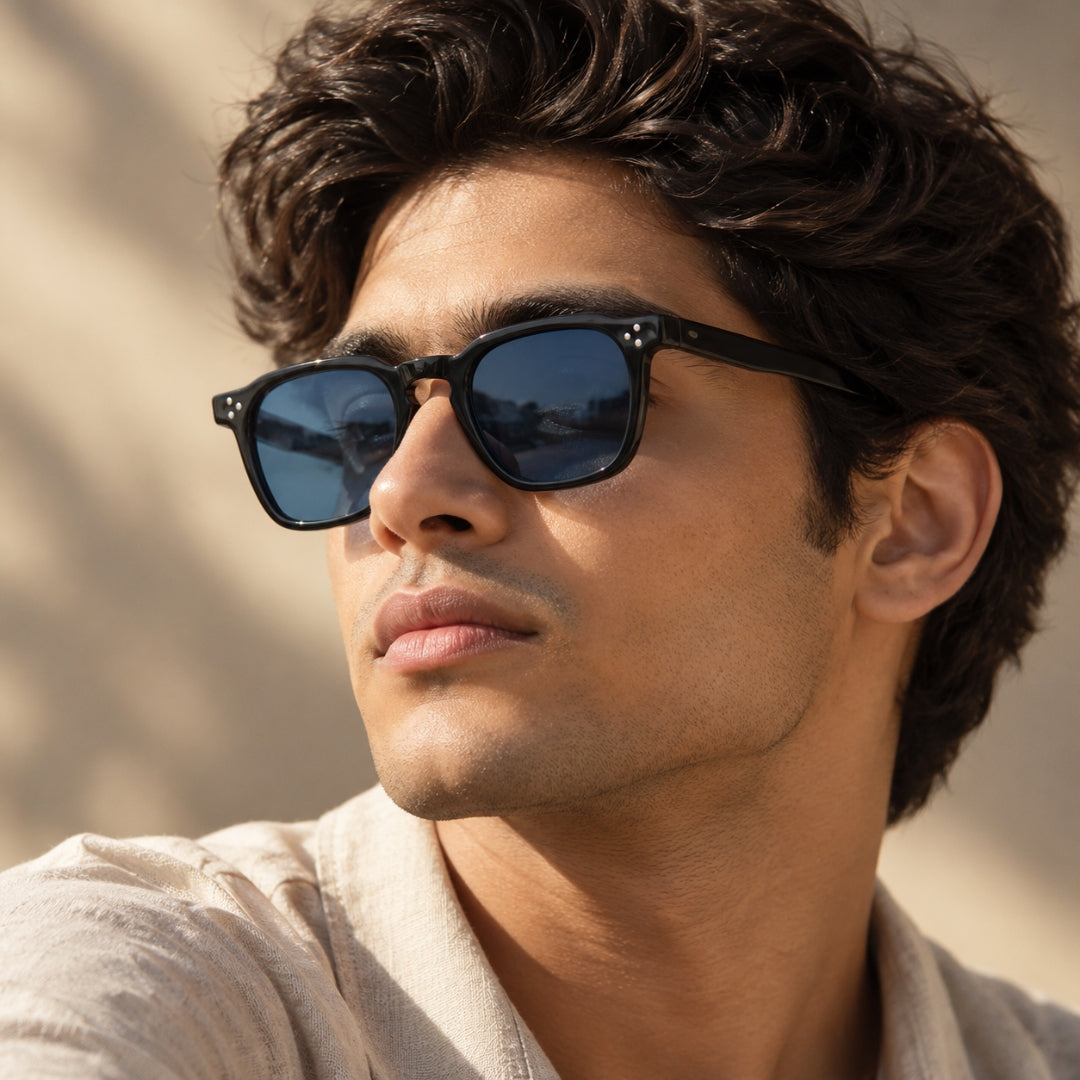 Male Model Wearing Black Sunglasses with Blue Lenses