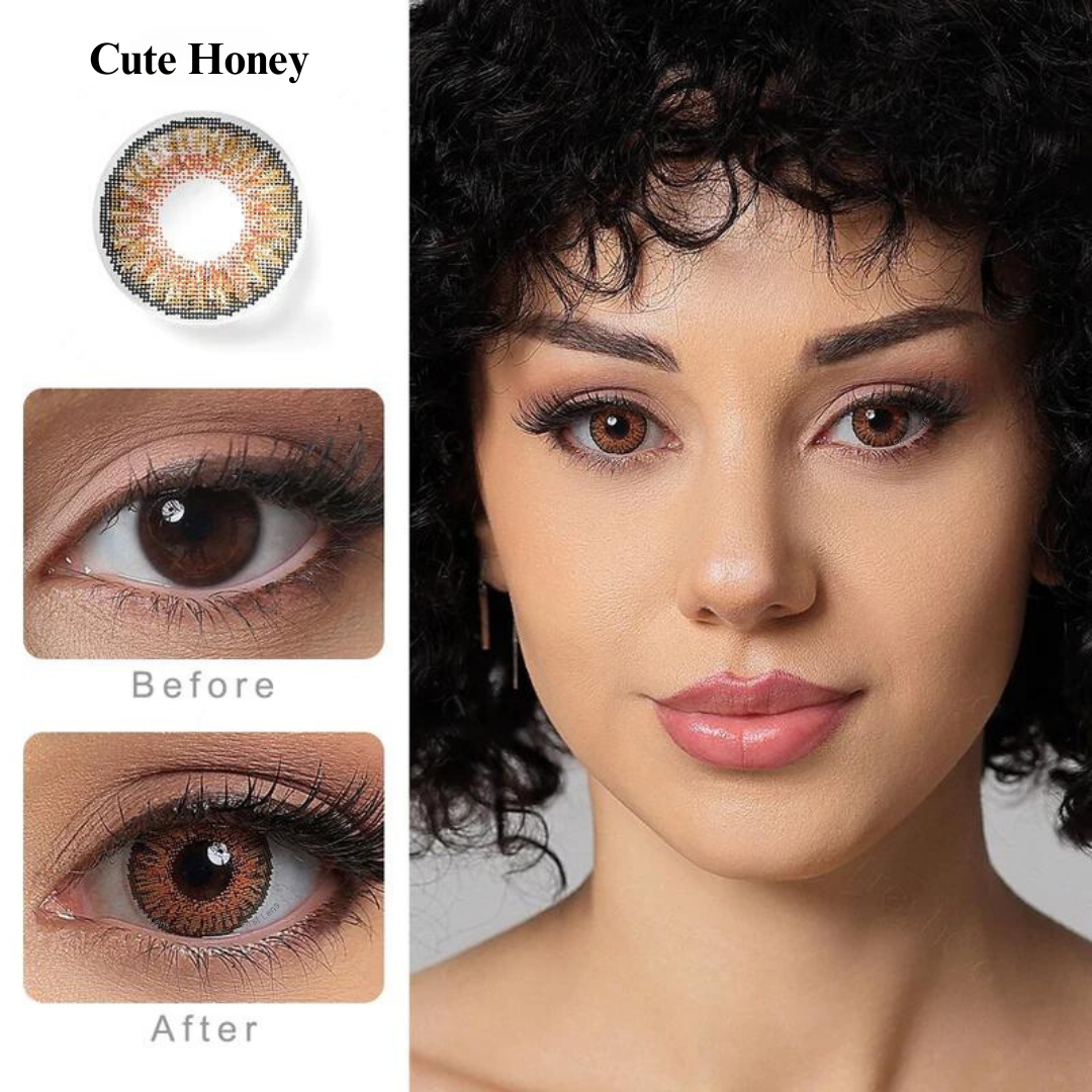 A demonstration image showing the process of applying the Cute Honey color contact lens by First Lens onto the eye, ensuring a comfortable and secure fit.