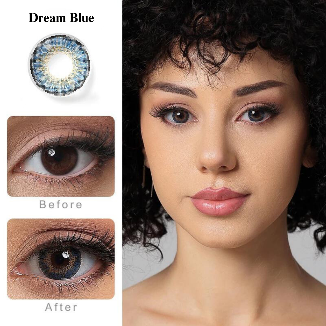  An image showing a person's eye with the Dream Blue color contact lens by First Lens on, enhancing the natural eye color with a vivid blue tint.