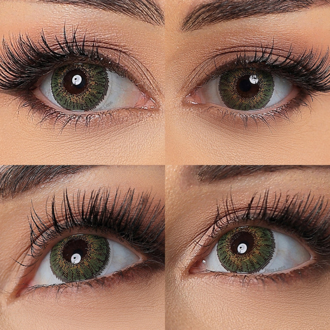 A model wearing the Glory Green color contact lenses by First Lens, showcasing their natural-looking green shade against the person's eye color.