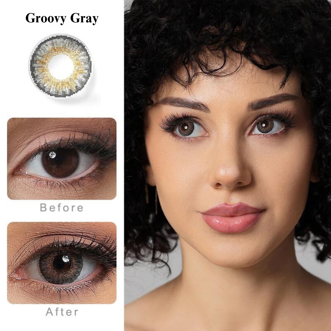 A side-by-side comparison image showing the Groovy Gray color contact lens by First Lens against a natural gray eye color, highlighting the enhancement provided by the lens.