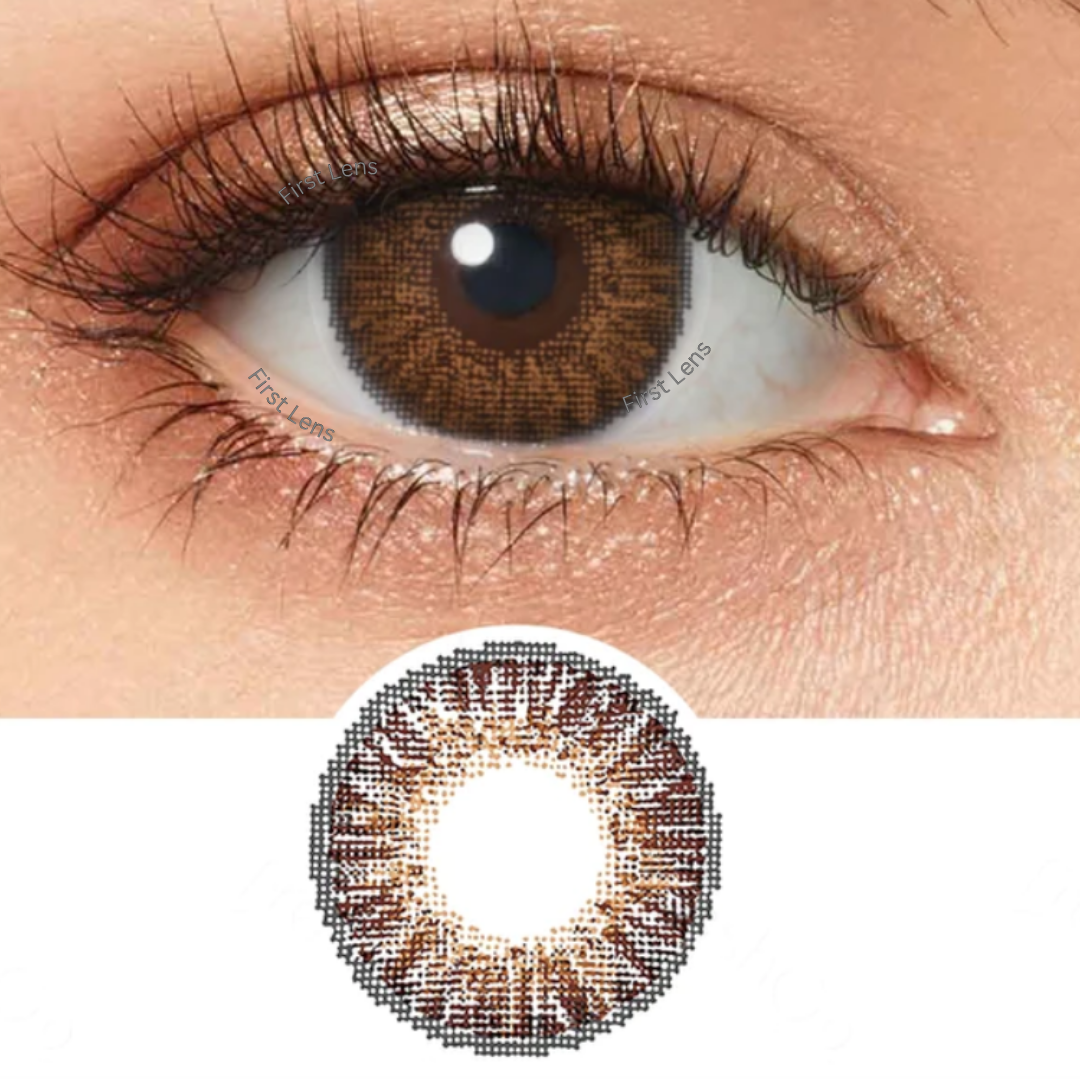 An image displaying a single Jazz Brown color contact lens by First Lens in its packaging, featuring rich brown tones.