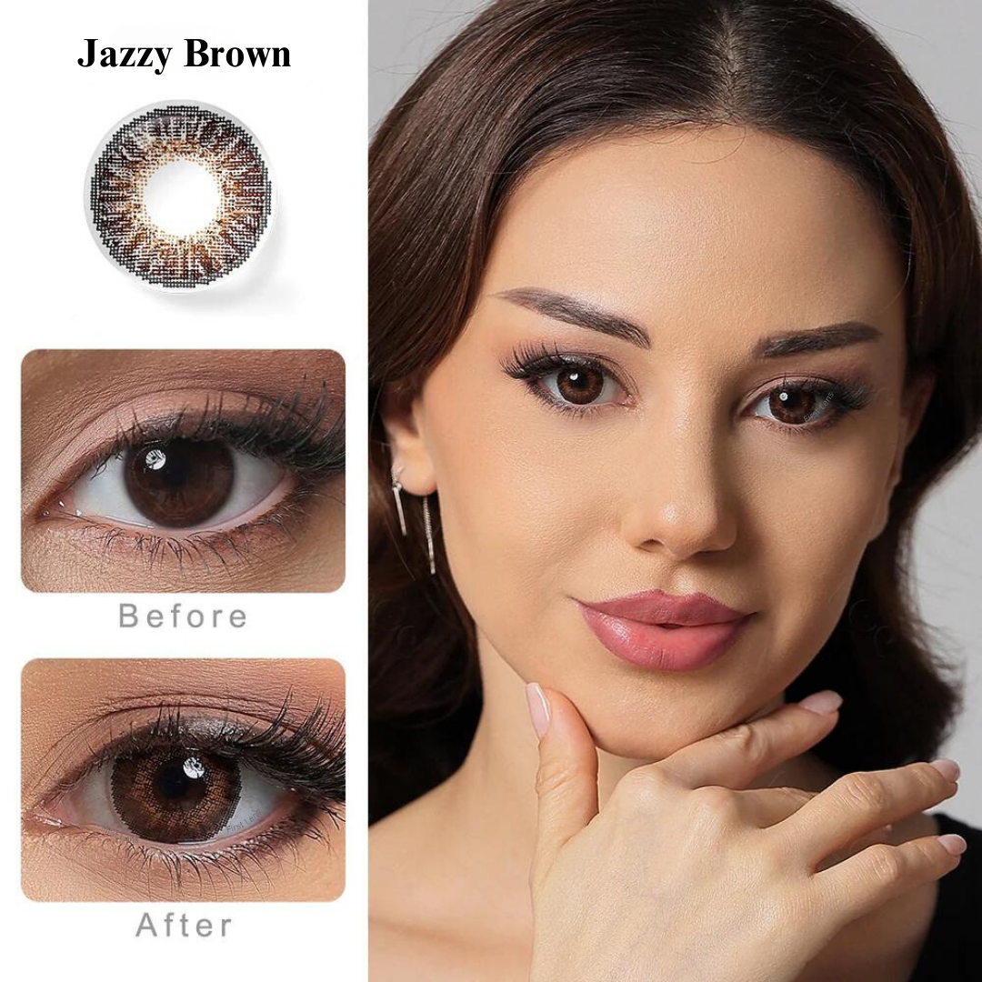 A close-up shot focusing on the Jazz Brown color contact lens by First Lens, showcasing its natural-looking brown hues and intricate design.