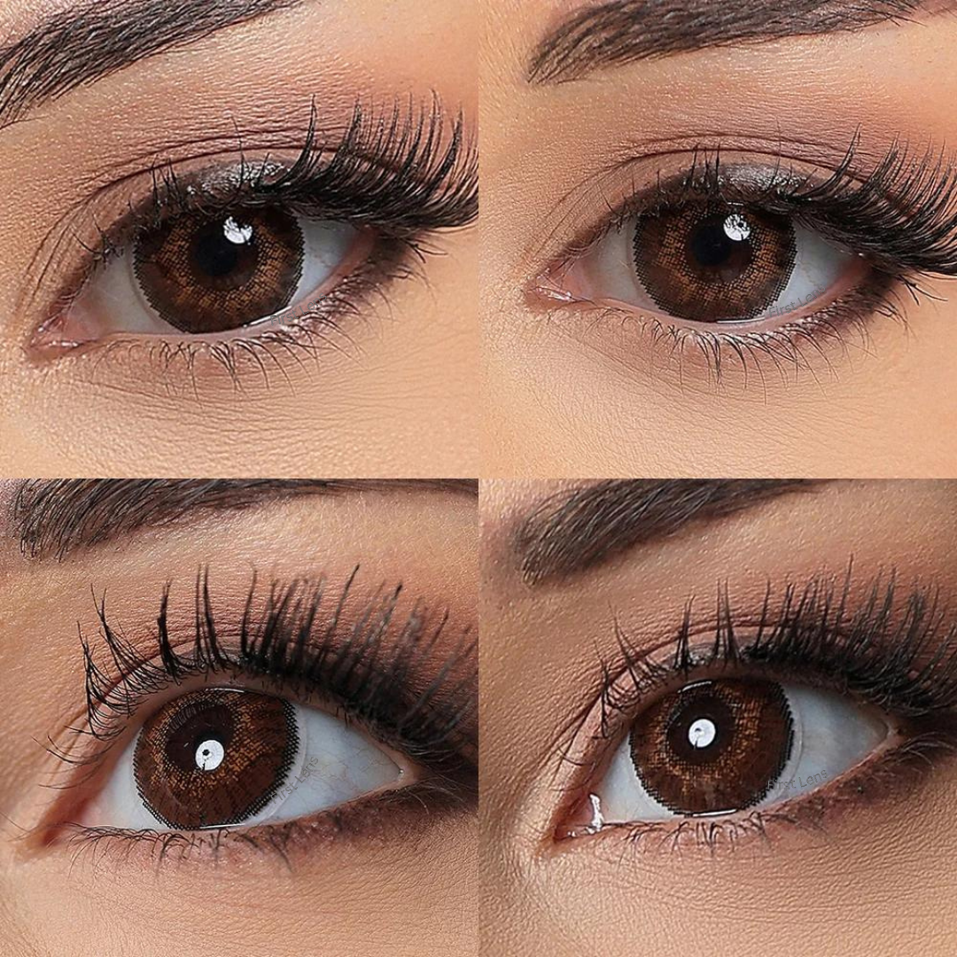 An image showing the Jazz Brown color contact lens by First Lens being worn, enhancing the natural eye color with warm brown tones.