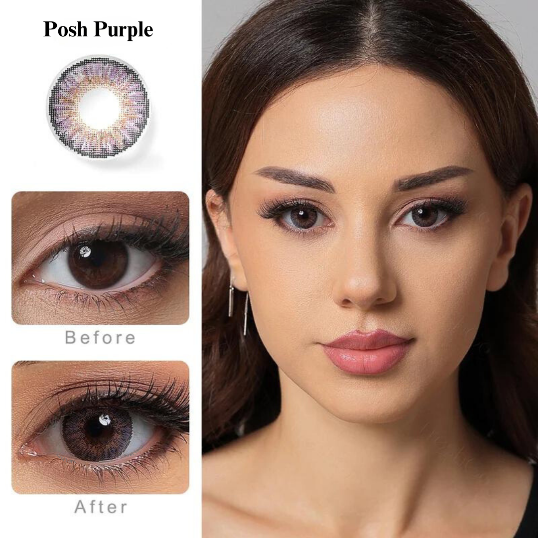A close-up shot focusing on the Posh Purple color contact lens by First Lens, highlighting its deep purple hues and intricate design.