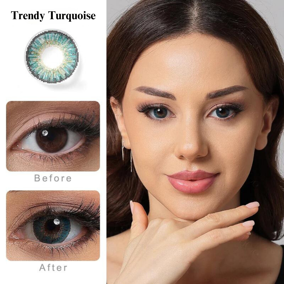 A comparison image showing the before and after effect of wearing Celebration Monthly Disposable Color Contact Lens from First Lens.