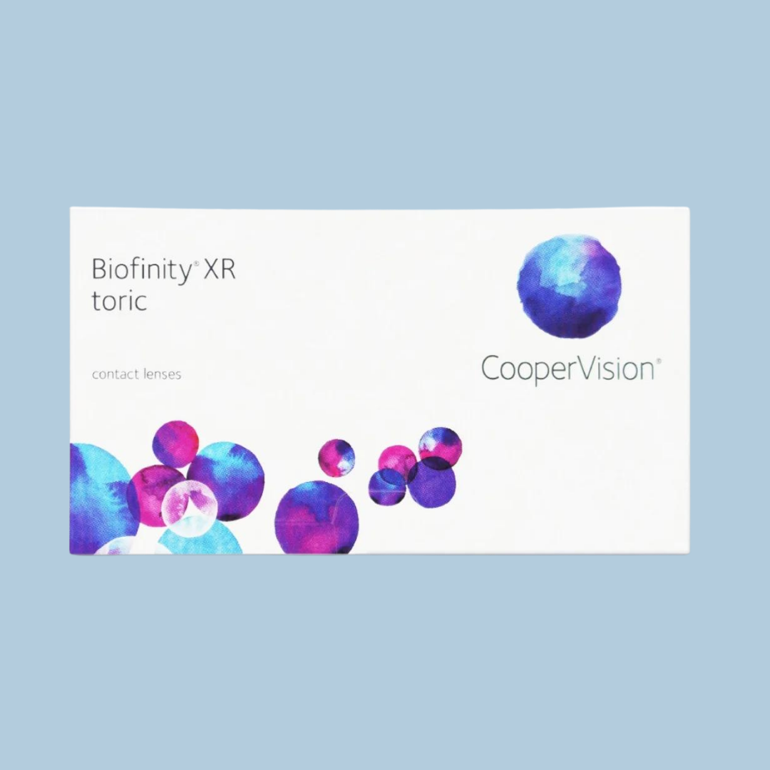 Packaging of Cooper Vision Biofinity XR Toric lenses.