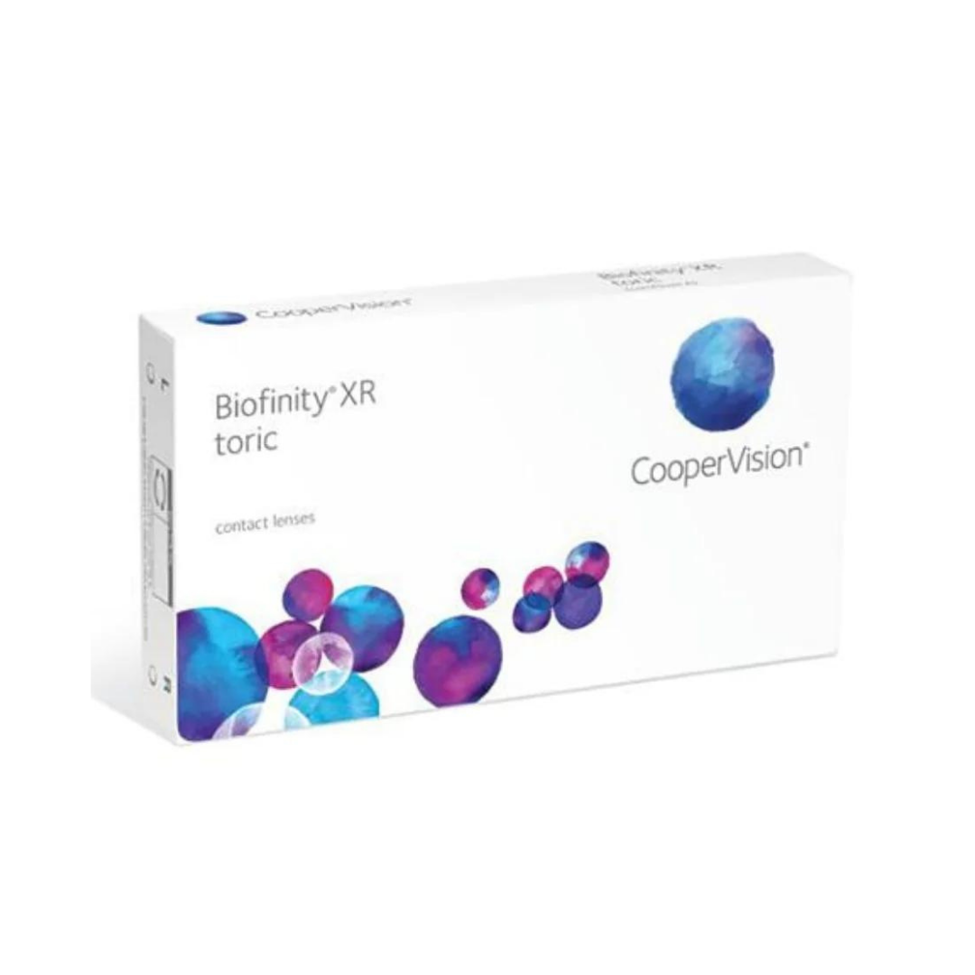 Close-up of Cooper Vision Biofinity XR Toric lenses in their case.