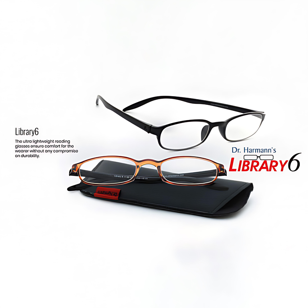 First Lens Dr. Harmanns reading glasses Library6 with a comfortable chair