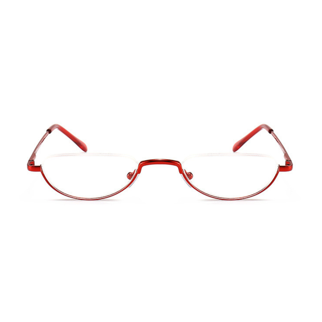 Close-up of the logo on First Lens Agile Oval reading glasses RG_1027