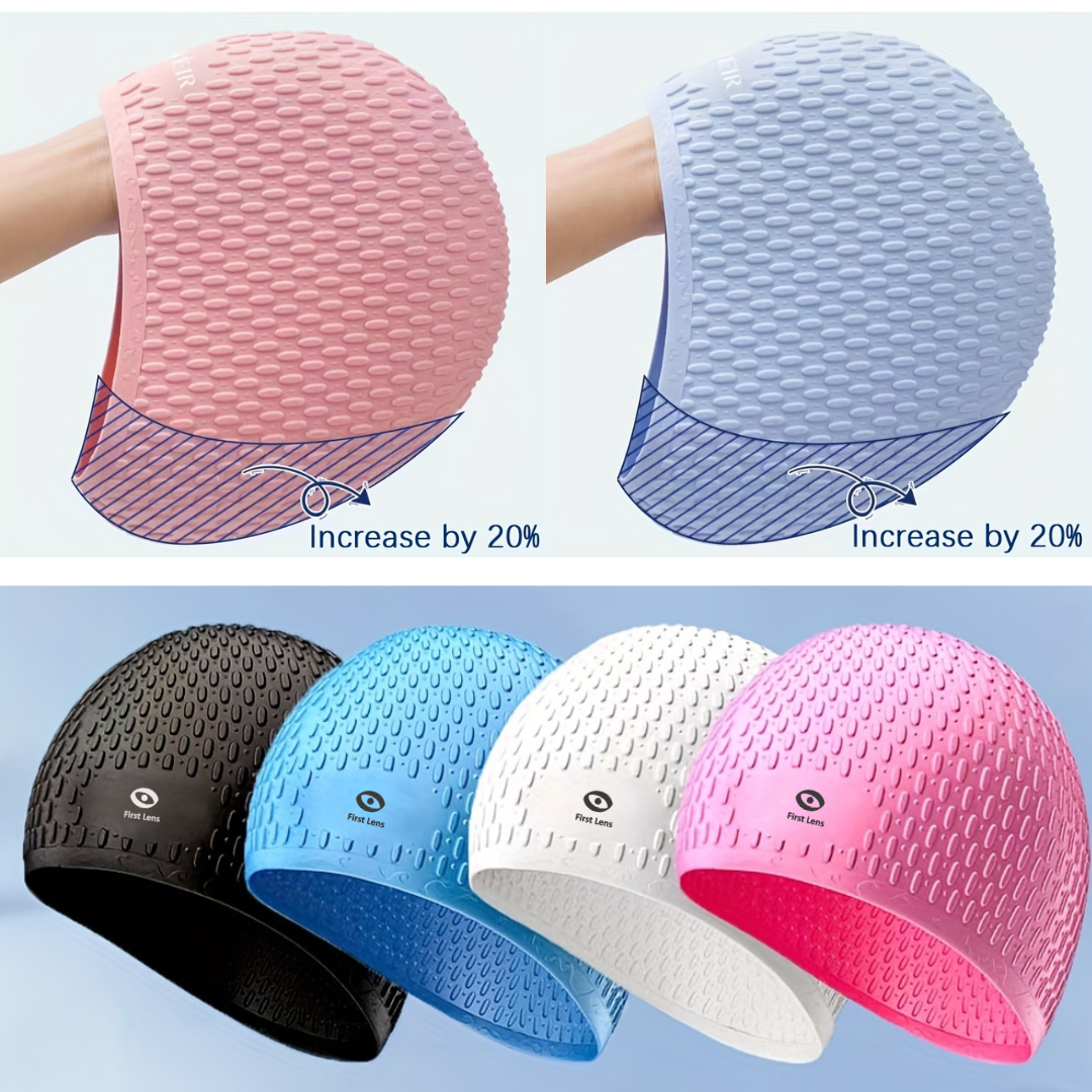 Pack of 1 First Lens Silicone Adults Swimming Cap with a playful design.