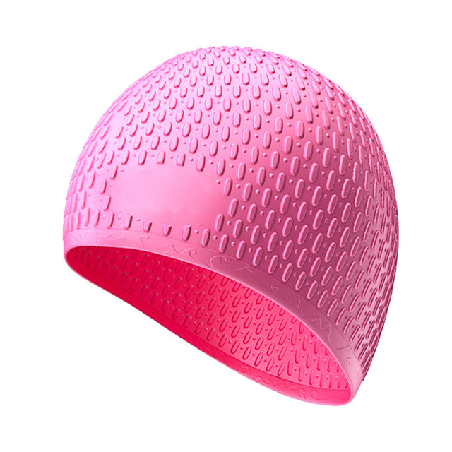 Vibrant silicone swimming cap for adults by First Lens with a fun design.