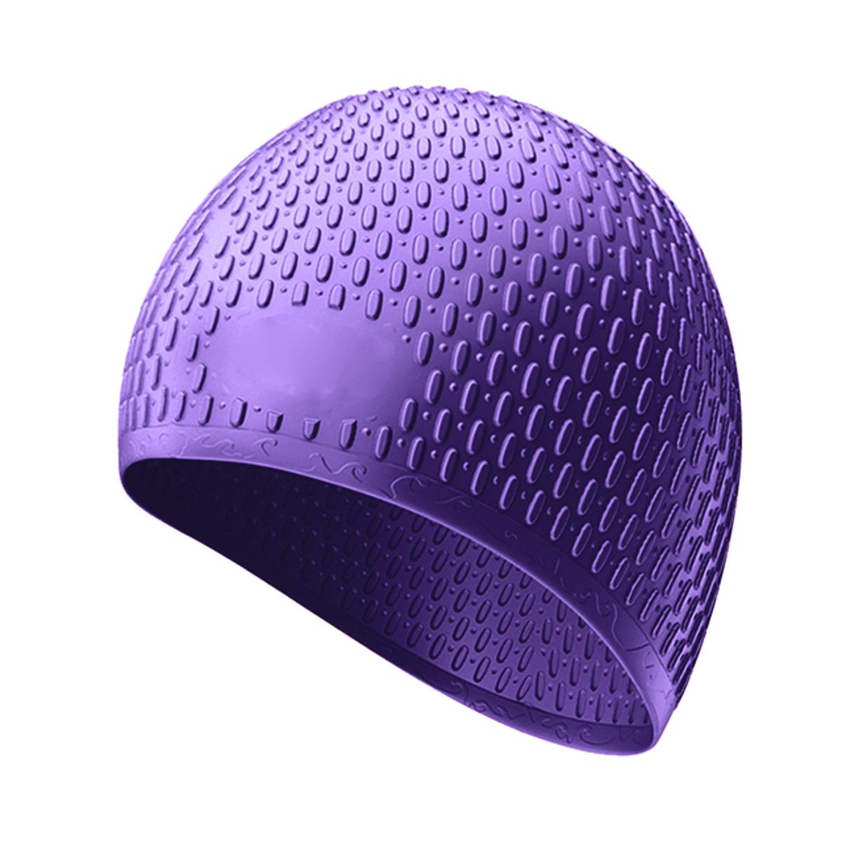 Close-up of the durable First Lens Silicone Adults Swimming Cap in colorful bubble dots.
