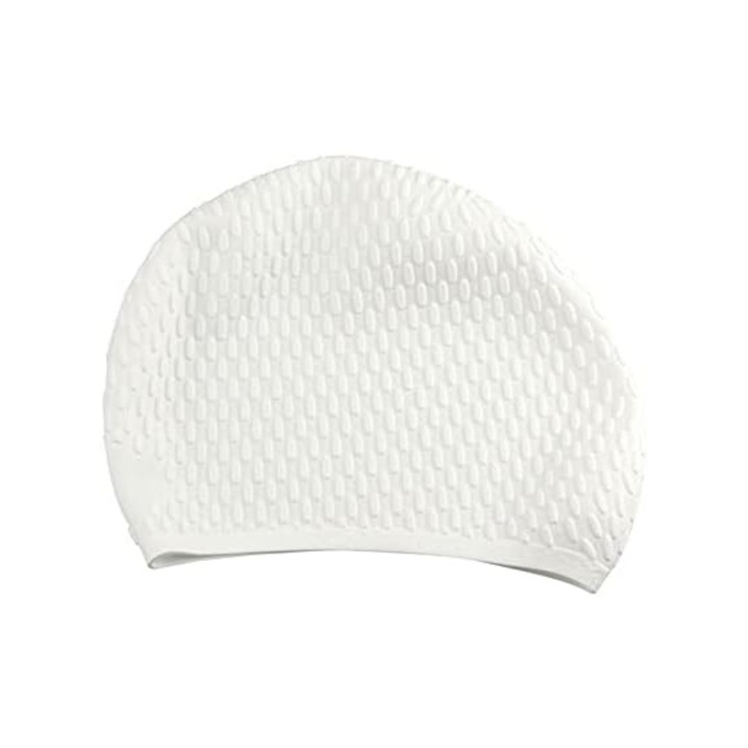 Waterproof First Lens Silicone Swimming Cap with an eye-catching bubble dot pattern.