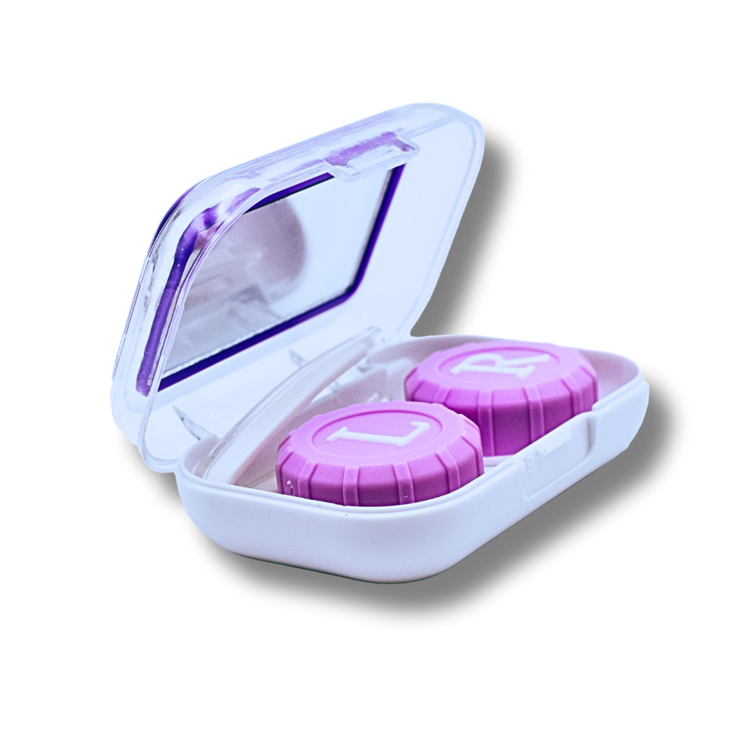 An image of the First Lens Crystal Portable Contact Lens Case being held in hand, illustrating its convenient size for carrying in a purse or pocket.