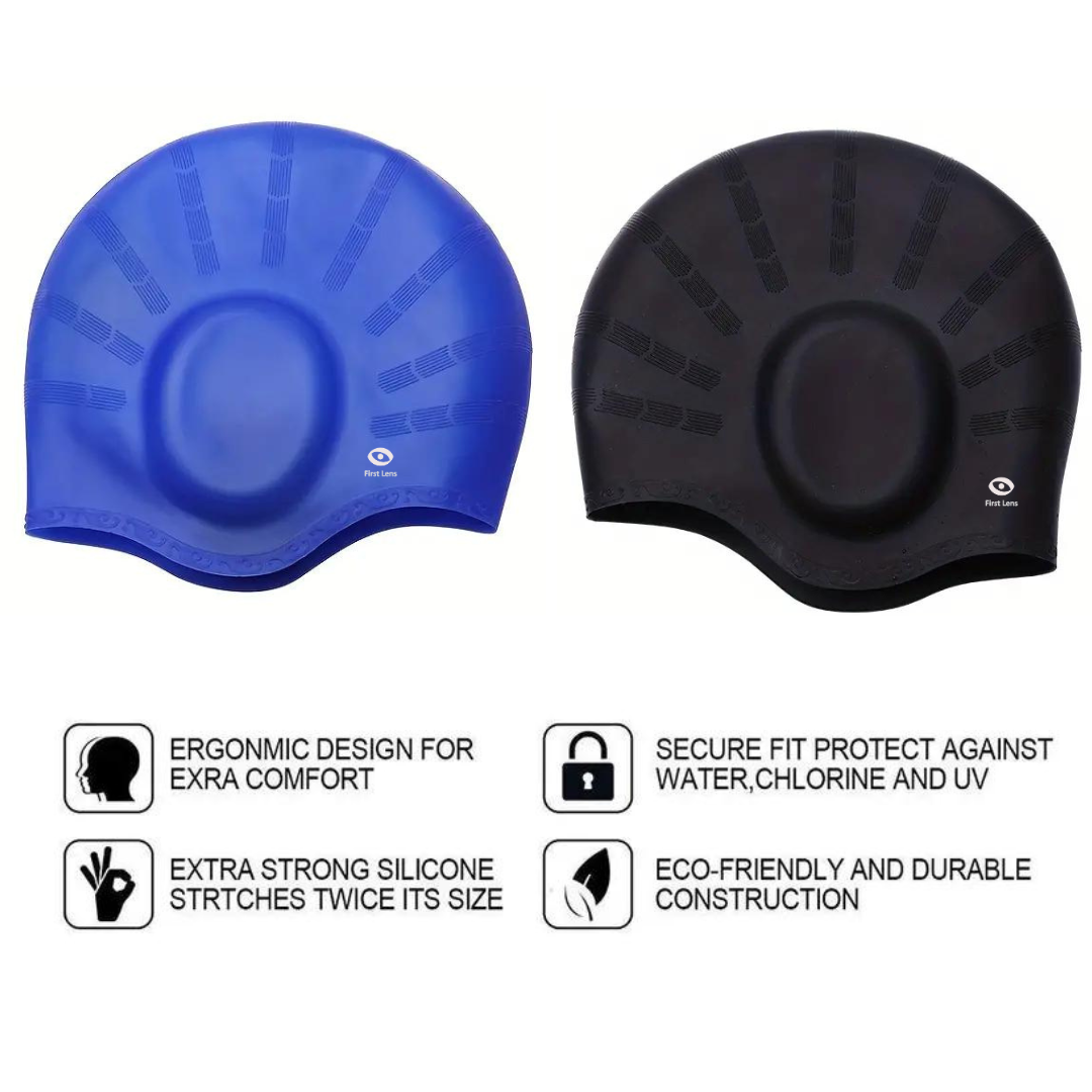 Waterproof First Lens Silicone Swimming Cap for serious swimmers.
