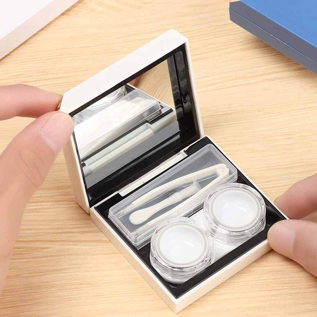First Lens Designer Square Contact Lens Case with Mirror - Stylish blue case featuring a handy mirror inside.