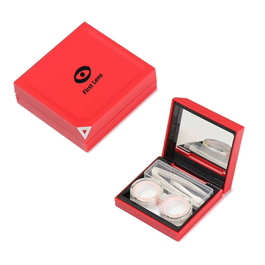 First Lens Designer Square Contact Lens Case with Mirror - Classic white case with mirrored lid for convenient use