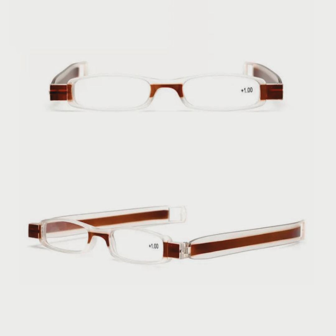 Top view of First Lens FlexiFold Slim Compact Reading Glasses in their folded state