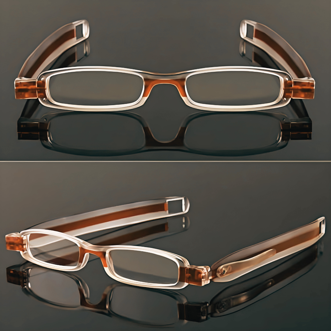 Detailed shot of the flexible hinges on First Lens FlexiFold Slim Compact Reading Glasses