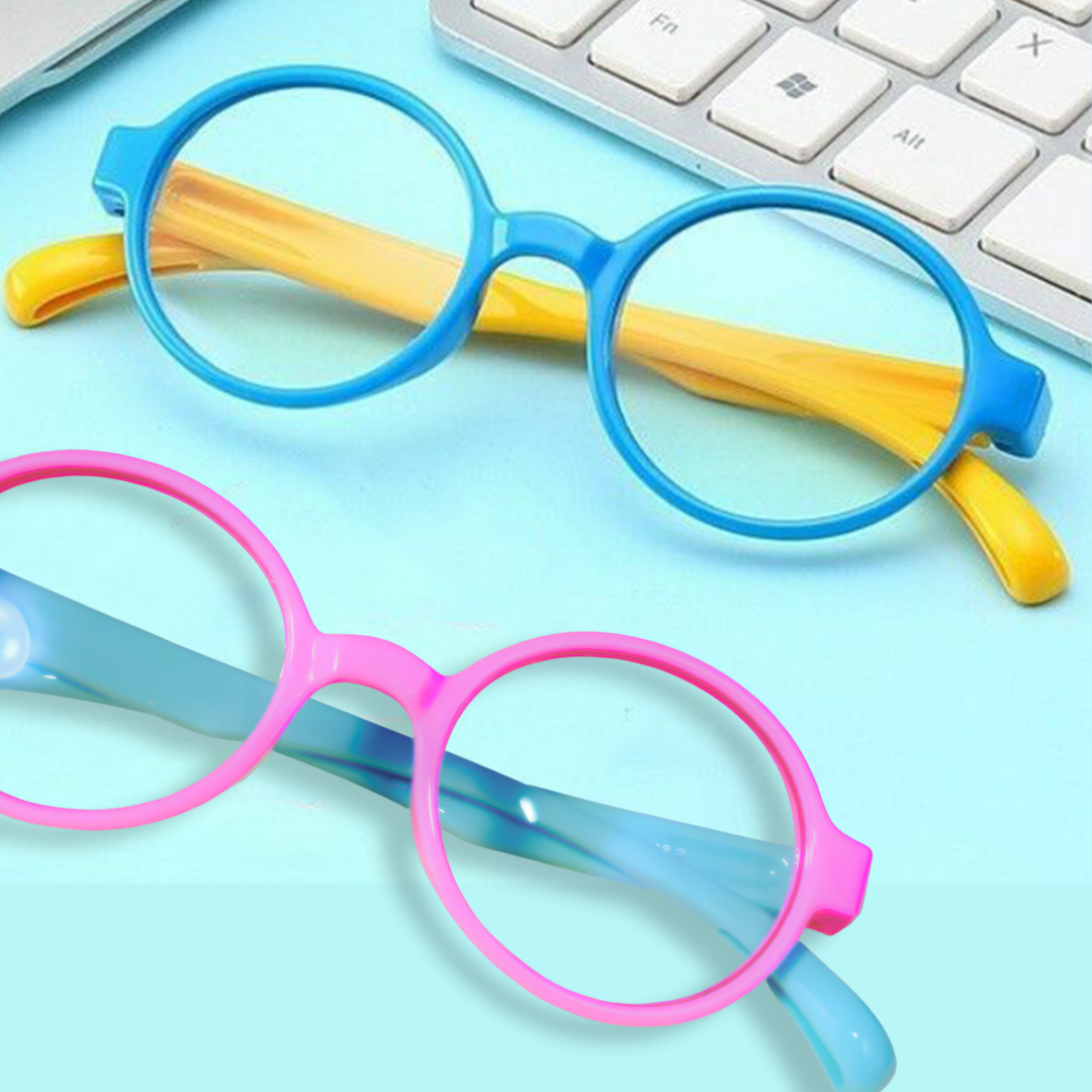 First Lens JuniorEye Kids Blue Light Blocking Glasses - A pair of stylish blue light blocking glasses for kids, designed to protect young eyes from digital screen glare.